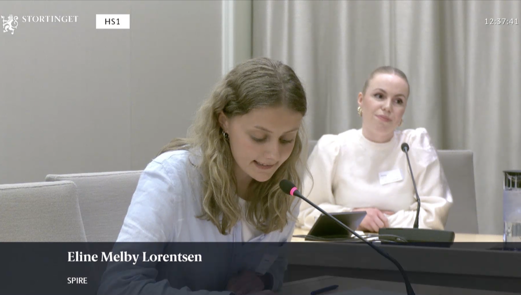 Eline Melby Lorentsen fra Spires handelsutvalg har ordet under høringen om Oljefondet i Stortingets finanskomité